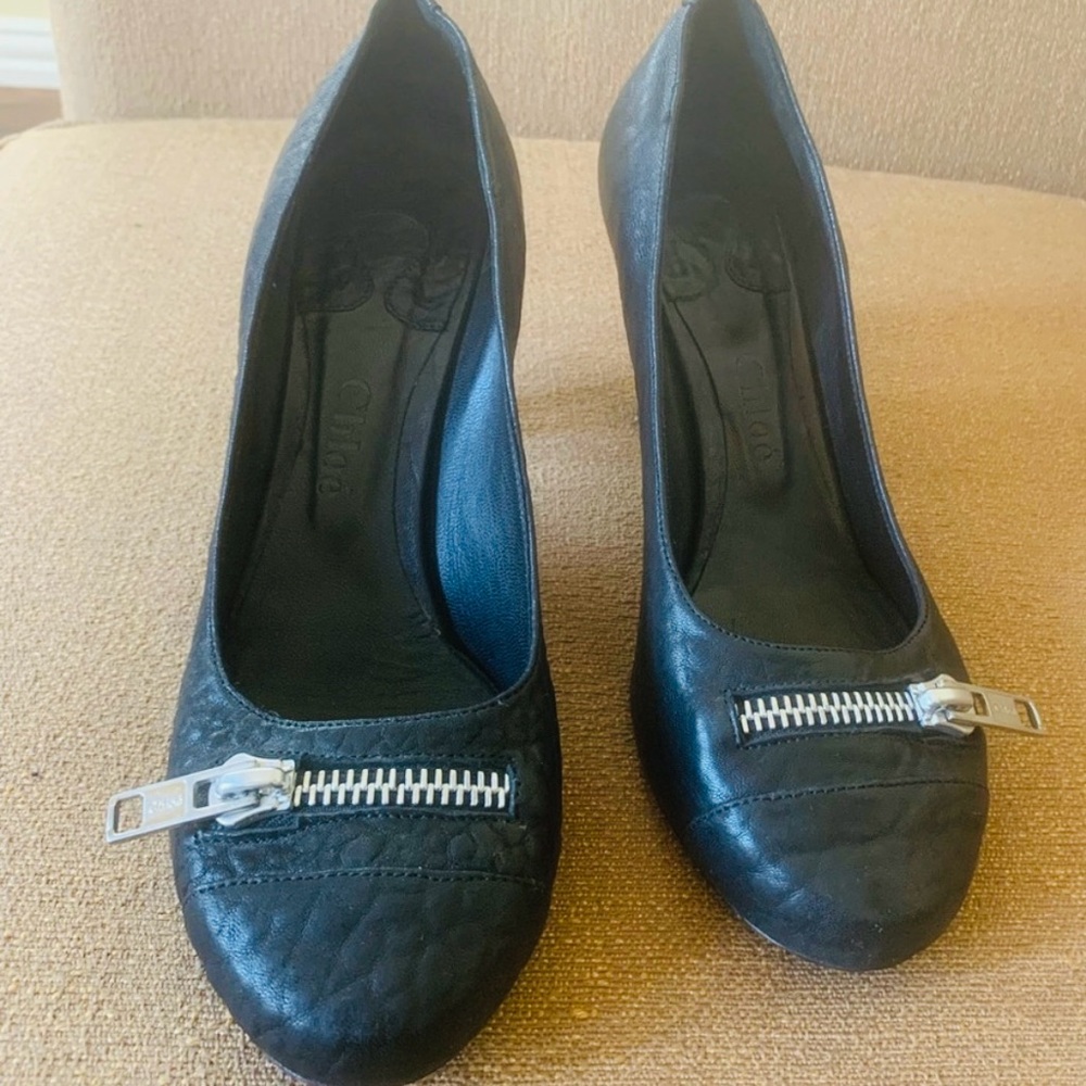 Chloe Black Mid-Heels with Silver Zipper Rounded Toe